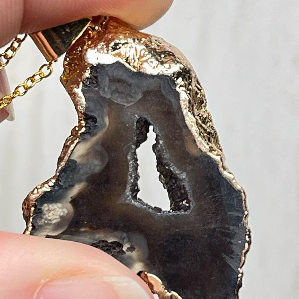 Brown druzy agate crystal quartz geodeโslice pendant necklace golden wrap gold t